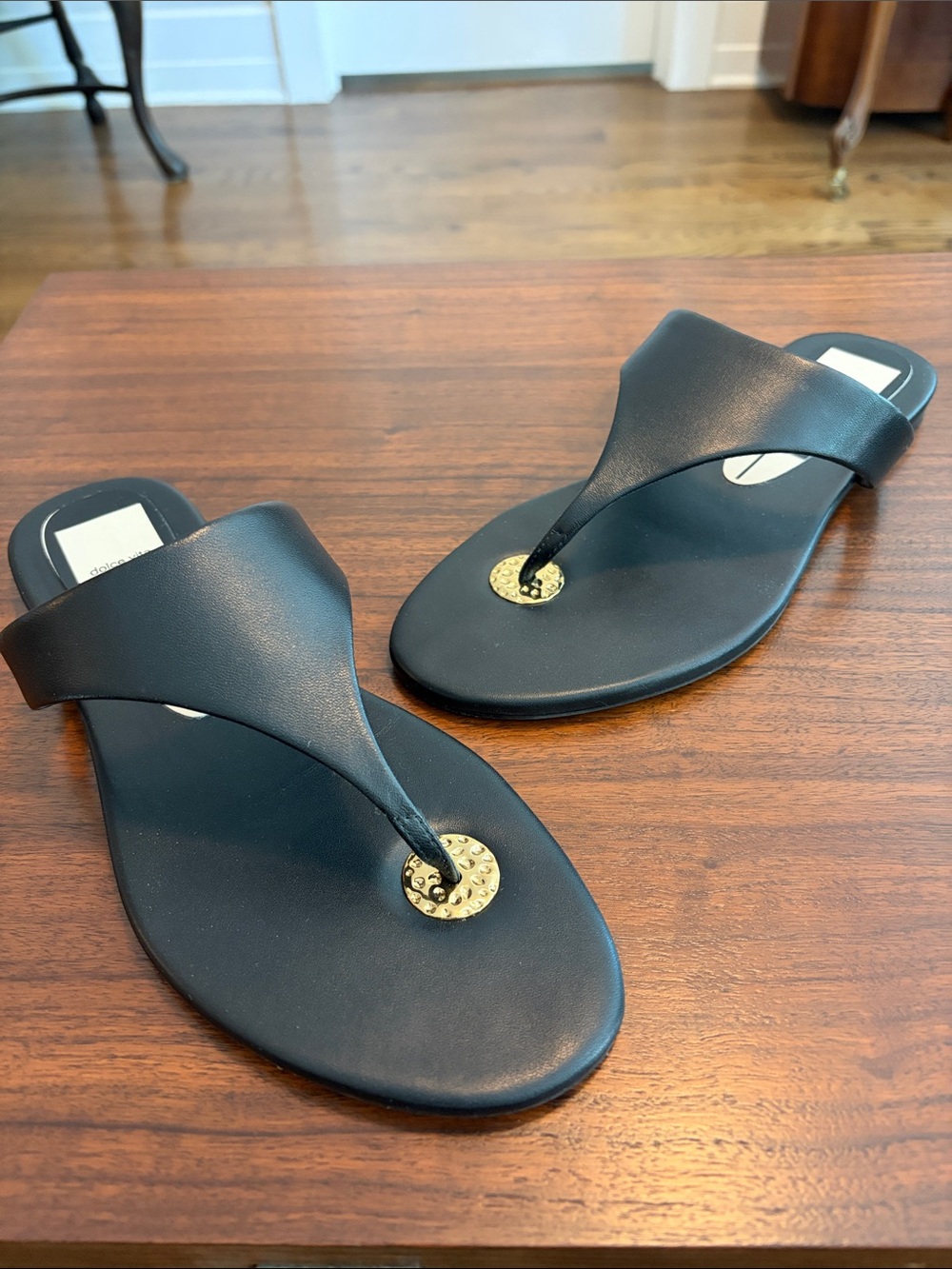 Dolce Vita Black Thong Sandals with Gold Medallion